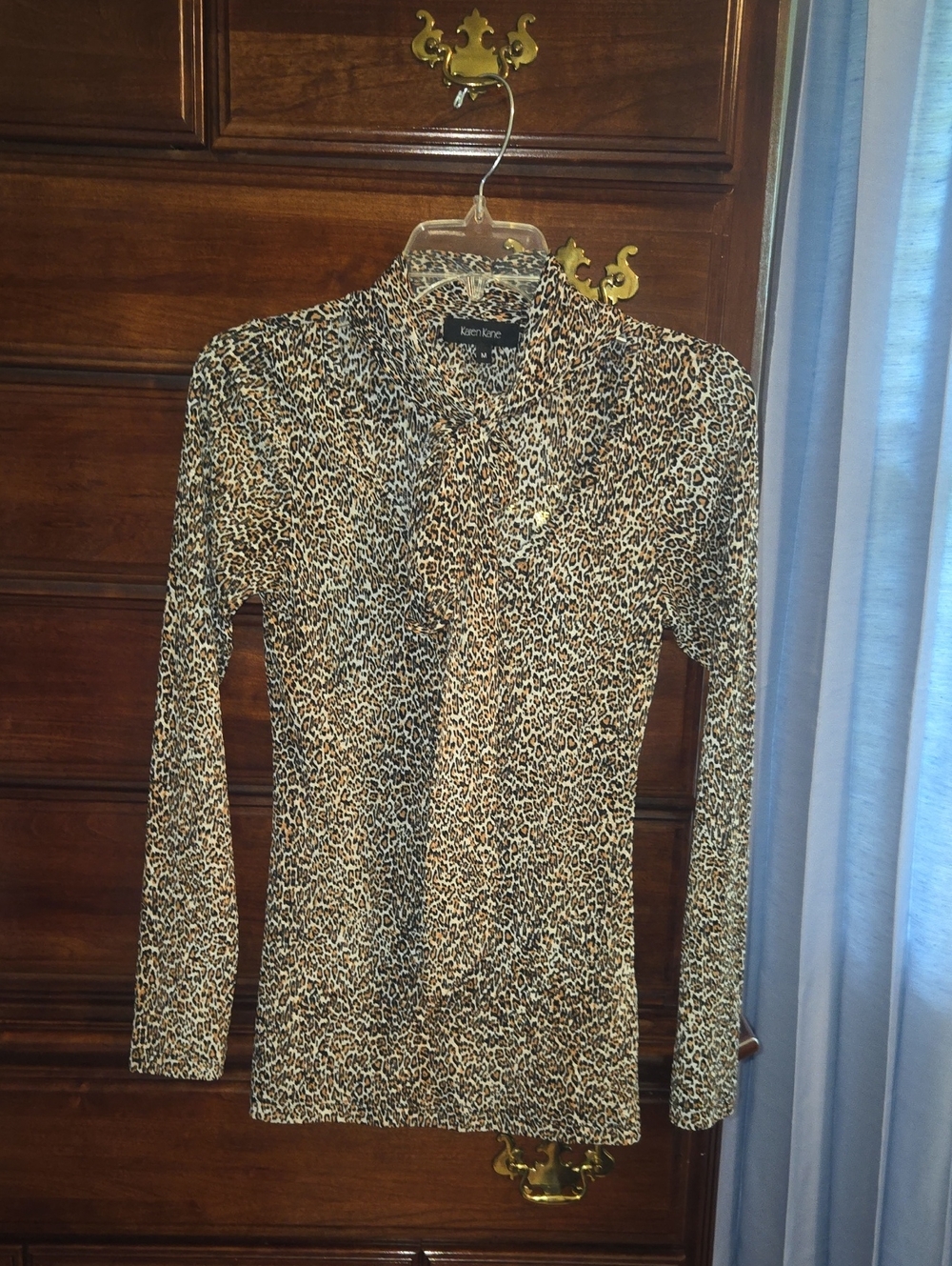 Karen Kane Leopard Print Long Sleeve Tie-Neck Top - Brown & Black